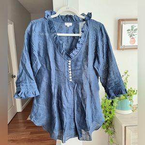 AT LAST Blue 100% Linen Ruffle Elbow Sleeve Tunic Top